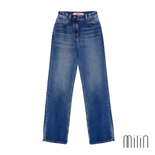 [MILIN] High Straight Flush High rise straight leg jeans กางเกงยีนส์ขายาวผ่าขา Blue Denim