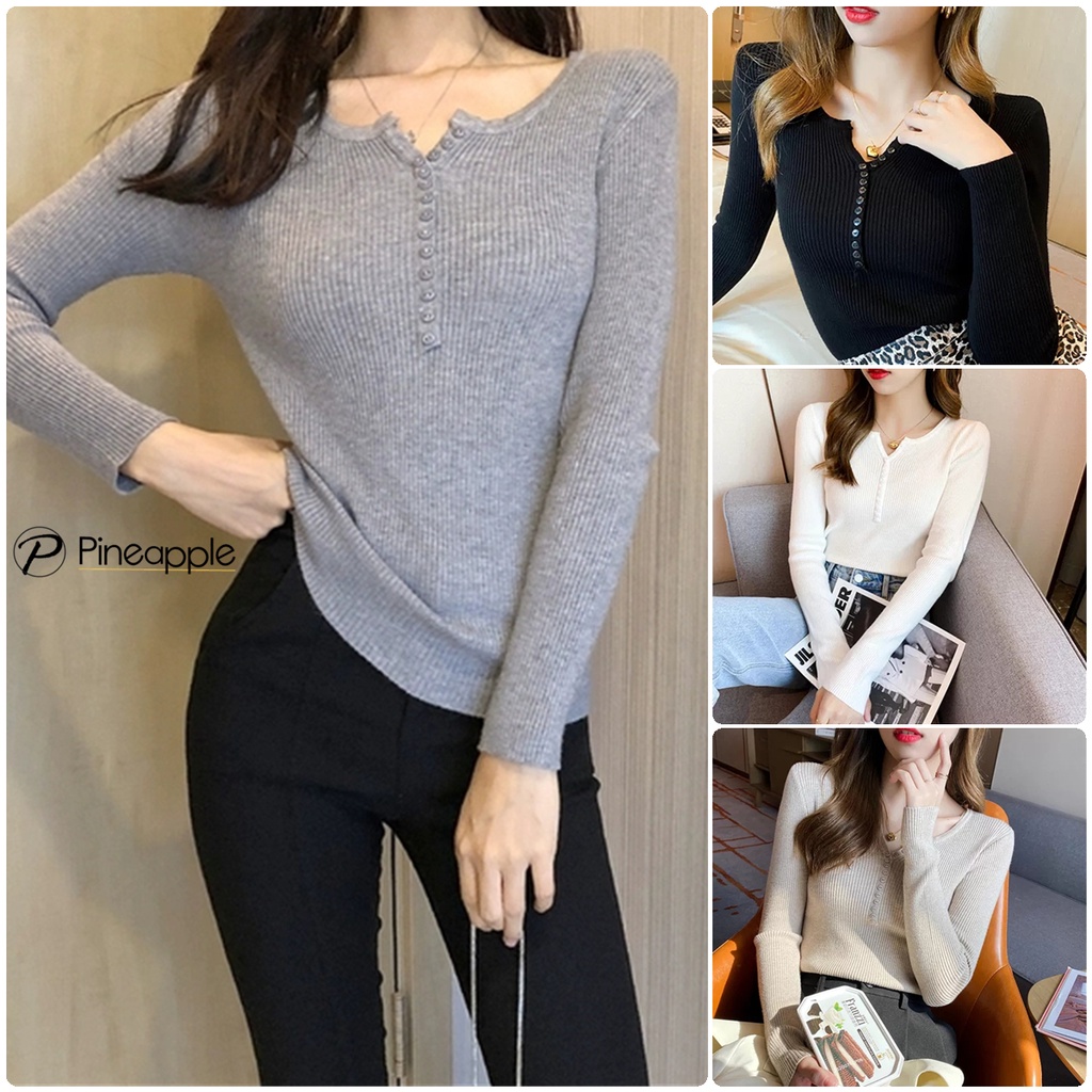 921 เสื้อไหมพรมแขนยาวคอวี Decorative buttons CX sweater