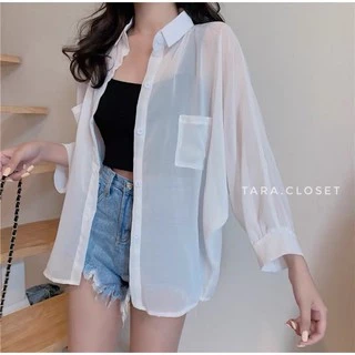CF018 TARA Shirt Chiffon เสื้อเชิ้ต เสื้อคลุมแขนยาว กระเป๋าคู่ ทรงโอเวอร์ไซร์ แขนยาว เนื้อผ้าชีฟองเนื้อทรายอย่างดี