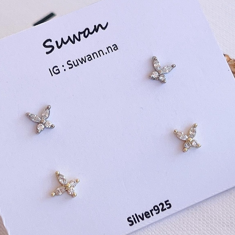 Suwann.na [ราคาต่อคู่] ต่างหู ต่างหูเงินแท้ ผีเสื้อเพชร สีเงิน, ทอง