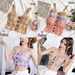 เสื้อครอป สายเดี่ยว ลายสกอต หวาน พาสเทล