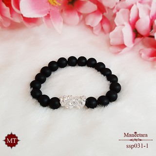 สร้อยข้อมือ ปี่เซียะ เงินแท้ ร้อยด้วยหินแบลคอาเกต วัตถุมงคล Sterling Silver Pixiu Black Agate Bracelet (ssp031-1) amu