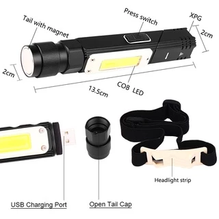 2 in 1 ไฟฉายมัลติฟังก์ชั่น COB+XPG ไฟฉายและไฟคาดศีรษะ ท้ายแม่เหล็กหมุนได้ 360 องศา แบตเตอรี่ในตัว ชาร์จ USB