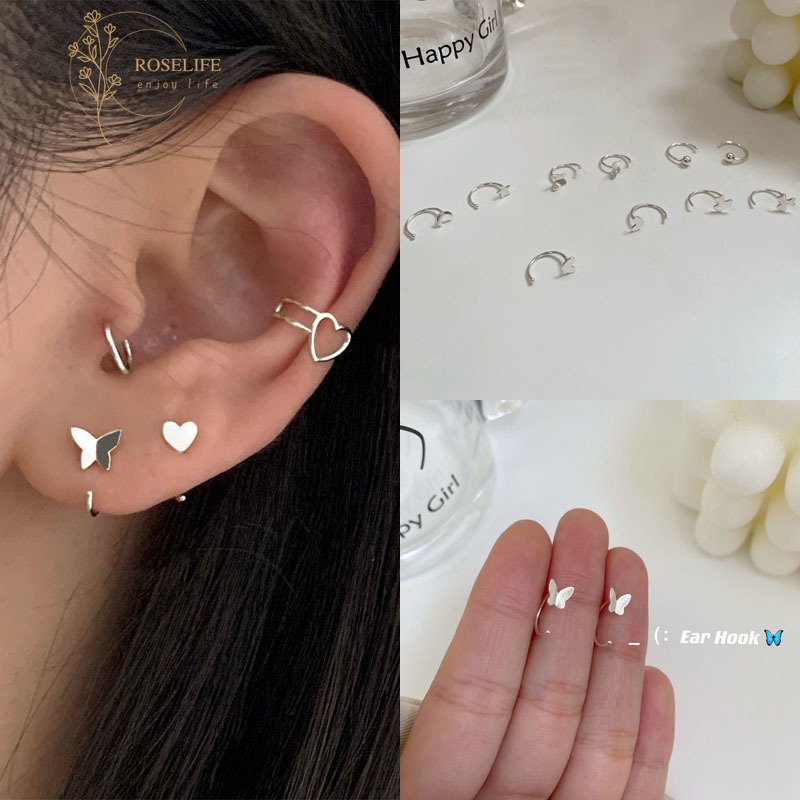 Roselife ต่างหูแฟชั่นรูปดวงจันทร์ดาวหัวใจ S925 1 คู่