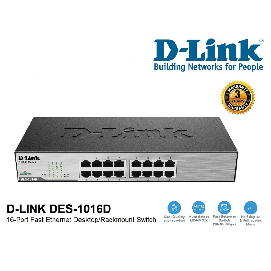 สวิตซ์ฮับ D-LINK (DES-1016D) 16 PORTS FAST 10/100 Mbps SWITCH HUB Warranty LT
