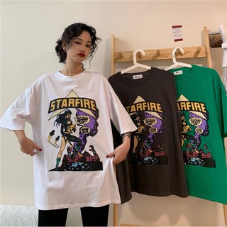 เดรสคอกลมแขนสั้นพิมพ์ลายเสื้อยืด Oversize ผ้าCotton 100% แฟชั่นสไตล์เกาหลี T-Shirt โอเวอร์ไซส์ สกรีนลายสวยงาม พร้อมส่ง