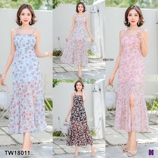 MM18011 Dress สายเดี่ยวยาวลายดอกไม้ อกจับเกล็ดเล็ก One-shoulder long floral dress Chest catches small scales..