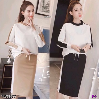 👗Pfashion [ส่งไว!!🚛] P3677 Set 2 ชิ้น เสื้อแขนยาวทูโทน + กระโปรงทรงสอบ Set of 2 pieces. Two-tone long-sleeved