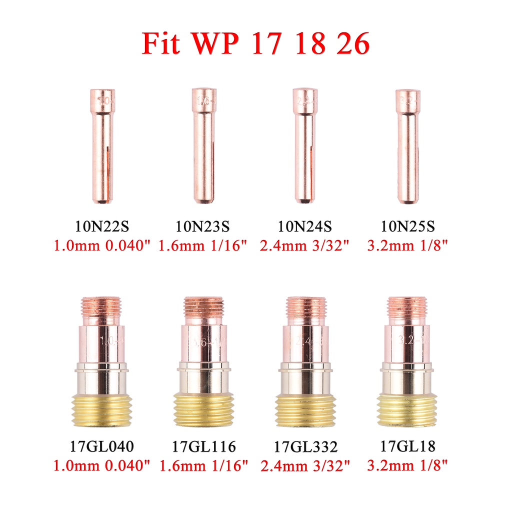 1.0/1.6/2.4/3.2 มม. TIG Collet Body Collet 10N22S 10N24S 10N25S 17GL040 17GL116 17GL332 17GL18 สําหร