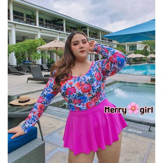 Merry 3 Swimwear set ชุดวายน้ำคนอ้วน ชุดว่ายน้ำ set 2 ชิ้น ชุดเสื้อแขนยาวบอดี้สูทพร้อมกับกระโปรงฟรีไซส์