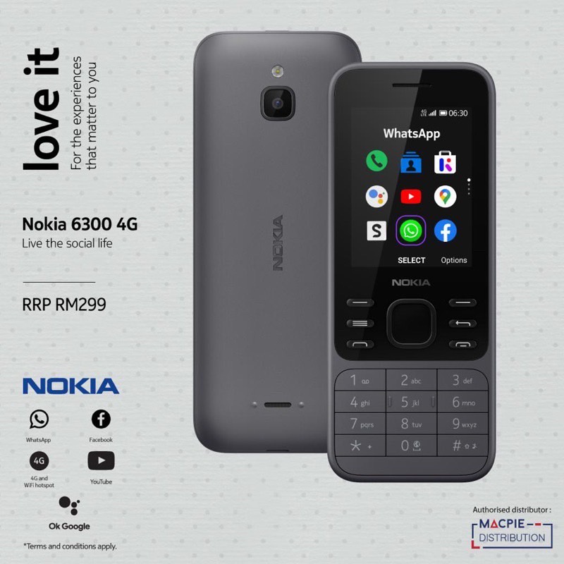 ฟีเจอร์โฟน โทรศัพท์มือถือ Nokia 6300 4G รองรับ2 sim หน้าจอ 2.4" เเบตเตอรี่ 1500 mAh รับประกันสินค้า 1 ปี