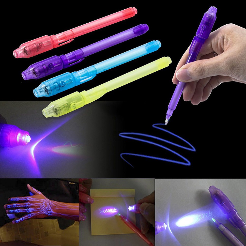 ปากกาเรืองแสง UV ที่มองไม่เห็น led อิเล็กทรอนิกส์สีม่วงแสงปลอมปากกาสร้างสรรค์ UV เวทมนตร์หมึก