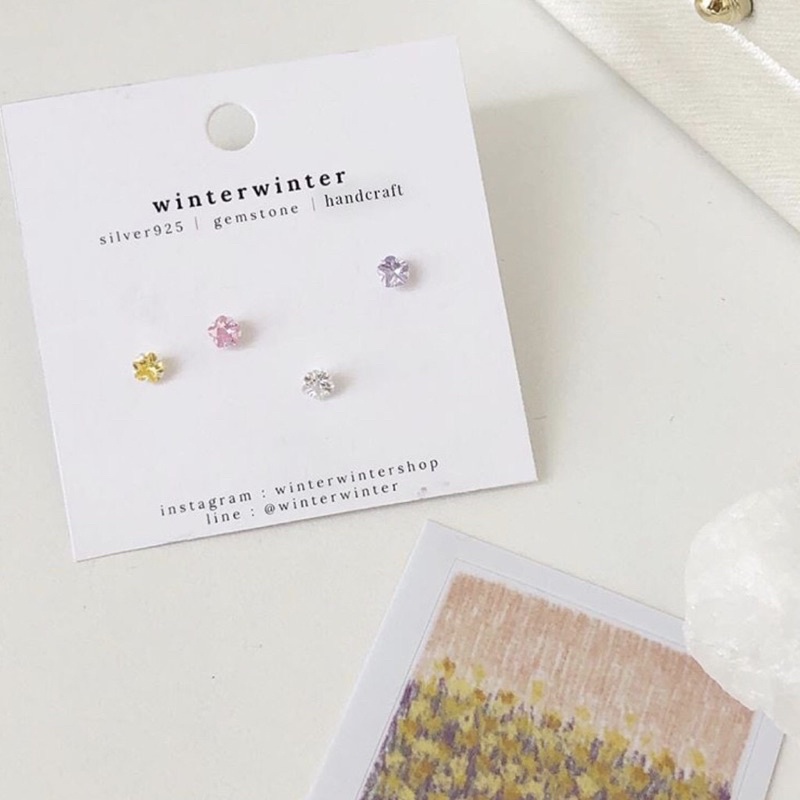 Winterwinter Jewelry Silver925 : ต่างหูเงินแท้925 ต่างหูประดับเพชร cz ดอกไม้ ใส่อาบน้ำได้เลย ( 4มิล )
