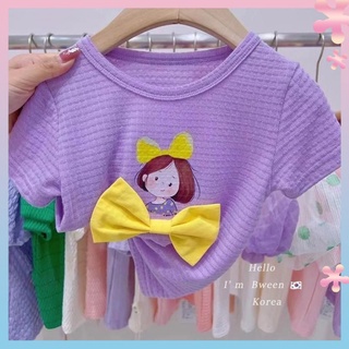 Girls short-sleeved T-shirt Korean childrens clothing 22 summer childrens bowknot printed cute casual all-match Childrens Fun Top