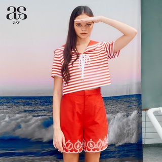 [ASV EXCLUSIVE 1/22] ASV Striped Jersey Blouse เสื้อยืดผู้หญิง แขนสั้น แต่งปกคอ ผ้าทอลายริ้ว