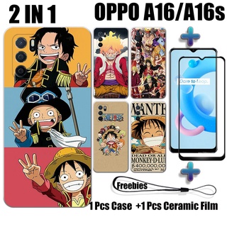 2 IN 1 เคส One Piece พร้อมกระจกนิรภัย สําหรับ OPPO A16 A16s เคสโทรศัพท์ และตัวป้องกันหน้าจอเซรามิค แบบโค้ง