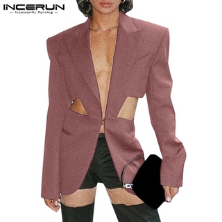 Incerun เสื้อสูทแฟชั่นสําหรับผู้ชายแขนยาวคอวีสีพื้นทรงสลิมฟิต