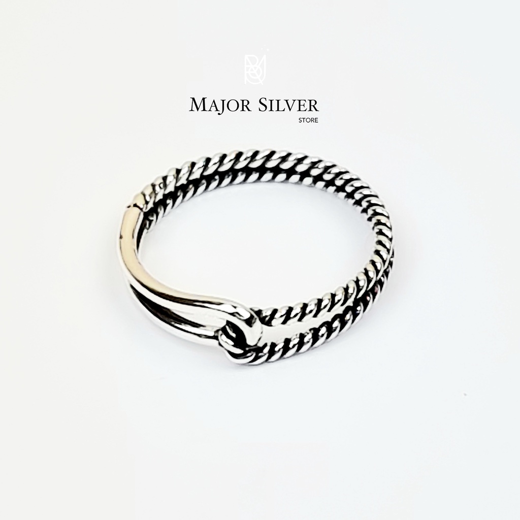แหวนคล้องเกลียวกับลวด รมดำ / แหวนเงินแท้92.5% แหวนแฟชั่น เท่ๆ Major Silver : E-Ti-Tw 0.8/1.5