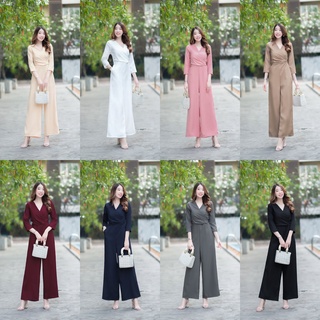 hbstation.shop เสื้อผ้าแฟชั่น Jumpsuit สีครีม ขาว ชมพู น้ำตาล แดง กรม เทา ดำ พร้อมส่ง