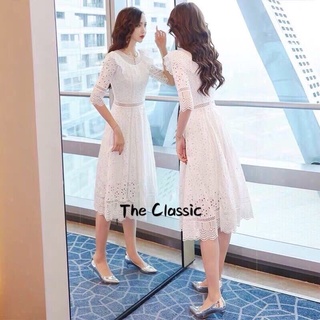 re  stock 🖍️พร้อมส่ง 🌞S-XL⛅เดรสปาดไหล่ฉลุผสมลูกไม้⛅ classic