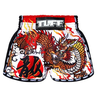 TUFF มวยไทย กางเกงมวยไทย สีขาว ลายมังกร TUFF Muay Thai Boxing Shorts New Retro Style White Chinese Dragon