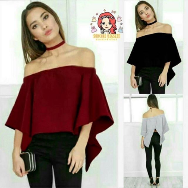 เสื้อปาดไหล่เว้าหลัง แขนกระดิ่ง freesize อก 38-50 เสื้อผ้าคนอ้วน สาวอวบ สาวอ้วน ไซส์ใหญ่ bigsize plu