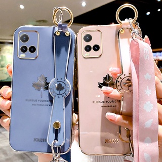 เคสโทรศัพท์มือถือ TPU แบบนิ่ม ลายใบเมเปิ้ล มีสายรัดข้อมือ สําหรับ Vivo Y21S Y21 2021 Y33S