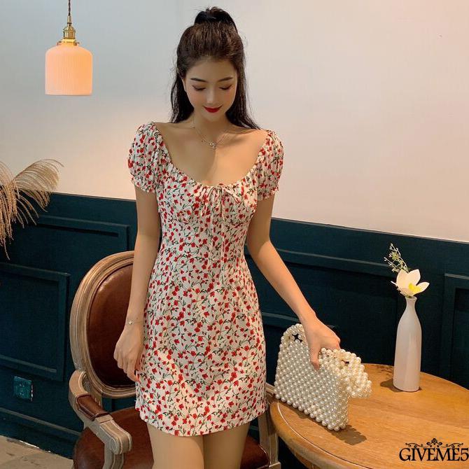 เดรสยาว ชุดเดรสสั้นพิมพ์ลายดอกไม้แฟชั่นฤดูร้อนสำหรับผู้หญิง