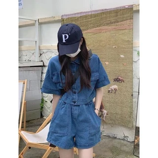 Cicishop(0890) JeansSet เซตเสื้อเชิ้ตครอป+กางเกงขาสั้น ผ้ายีนส์จับคู่แมตช์สุดคิ้วท์ สไตล์สายเกา