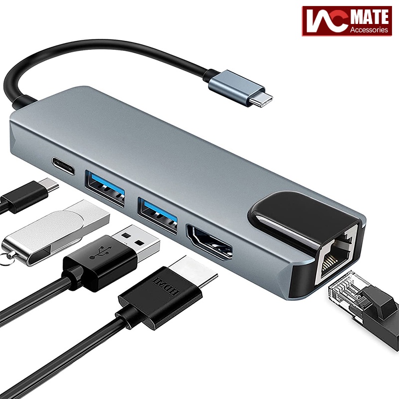 ฮับ USB c 5-in-1 USB c เป็น HDMI USB c พร้อมอีเธอร์เน็ต 1000M 4K HDMI PD และ USB 3.0 2 ช่อง สําหรับ 