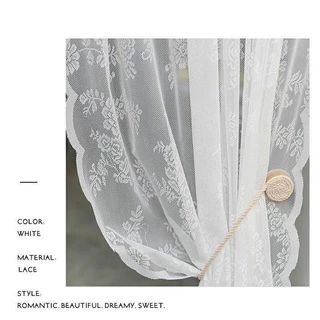 ม่านสีขาว ผ้าม่านโปร่งแสงสีขาว ลายดอกไม้ ผ้าม่านตีนตุ๊กแก ม่านสอดลวด ใช้กับชุดราว ประตูสีขาว คาเฟ่นิยม ถ่ายรูปสวย