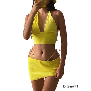 Bigmall - ชุดเสื้อแขนกุดและกระโปรงสั้นสีพื้นสําหรับผู้หญิง