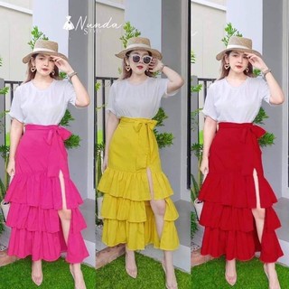 💕Isis💕พร้อมส่ง กระโปรงเอวสูงระบาย3 ชั้น.ชุดเซ็ท​เสื้อยืดคอกลมเนื้อดี+กระโปรงเอวสูงระบาย3ชั้น😍ผ่าหน้าชั้นแซบๆ พร้อมโบว์ผ