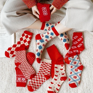 D606 Chaussettes rouges Mi-bas Ins Tide ถุงเท้า สีแดง สําหรับเทศกาลปีใหม่