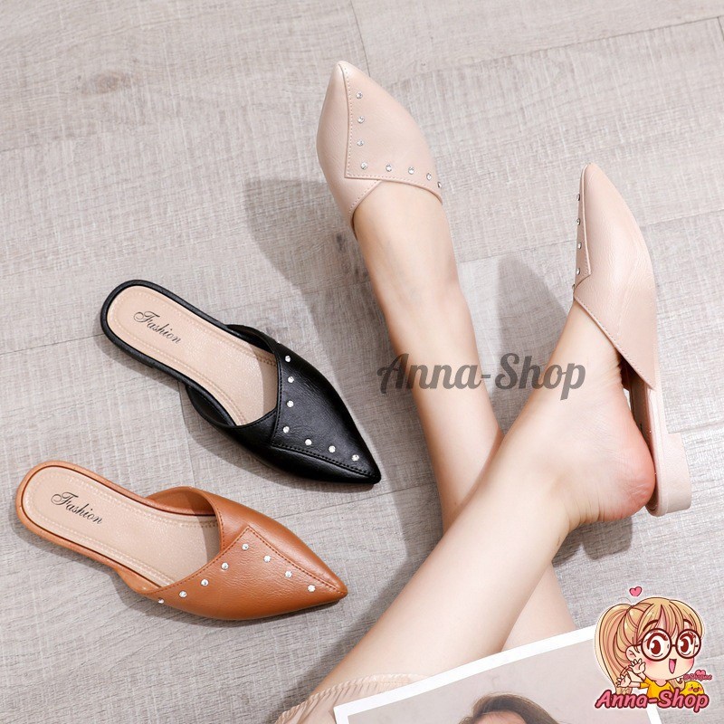 👡🩰รองเท้าหัวแหลมแต่งหมุด เปิดส้น 🎈👒นิ่ม สวมใส่สบาย เวอร์ชั่นเกาหลี T21