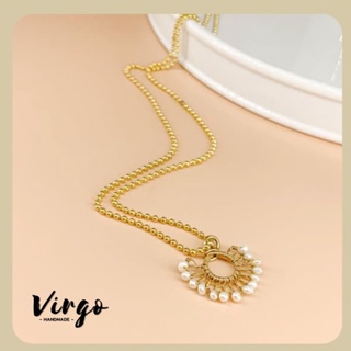 Virgo สร้อยคอถักลายพัดหินแท้ สายทองเหลืองแท้