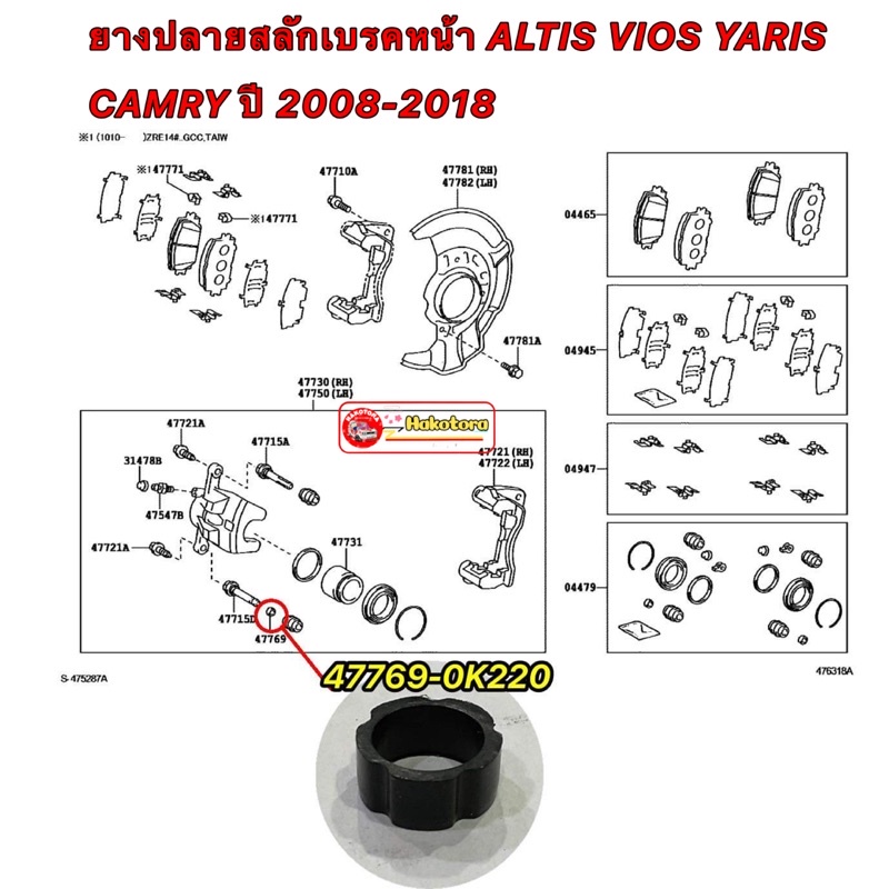 ยางปลายสลักดิ้สเบรคหน้า ดิ้สหลัง  ราคาต่อ1ตัว ALTIS 2008-2018 Vios , Yaris06-22 CAMRY06-17