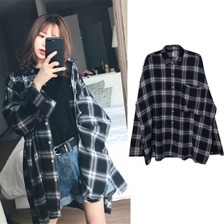 💥พร้อมส่ง 24 ชม💥เสื้อคลุม เสื้อเชิ้ตแขนยาว ลายสก็อต เสื้อเชิ้ต แขนยาว ลายสก๊อต โอเวอร์ไซซ์ สไตล์เกาหลี(ดำลายตัดน้ำเงิน)