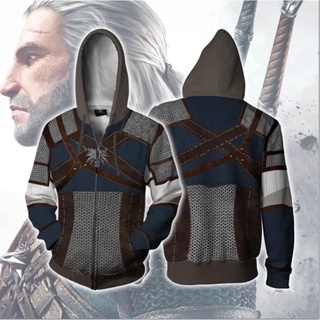 เสื้อแจ็กเก็ตกันหนาว มีฮู้ด แต่งซิป พิมพ์ลาย The Witcher 3 มิติ แฟชั่นสําหรับผู้หญิง