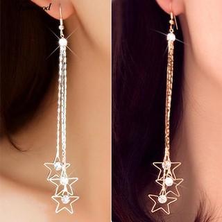 ผู้หญิง Pentacle วาง Rhinestone 3 ชั้นโซ่ยาว Tassels Dangle ต่างหู Linear