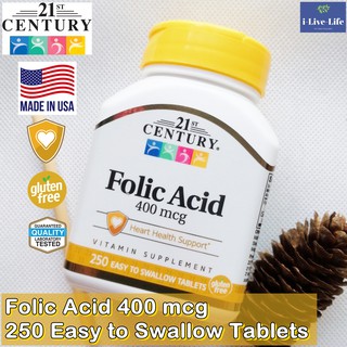 กรดโฟลิก Folic Acid 400 mcg 250 Easy to Swallow Tablets - 21st Century