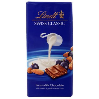 ลินด์ช็อกโกแลตนมผสมลูกเกดและเฮเซลนัท 100กรัม Lindt Milk Chocolate with Raisins and Hazelnuts 100g.