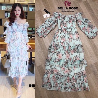 Bellarose เดรสเปิดไหล่ ตัวเดรสกระโปรงดีไซส์ไล่ระดับชั้น งานผ้าหนา มีซับใน ช่วงเอวช่วงไหล่ยืดได้ตามตัว