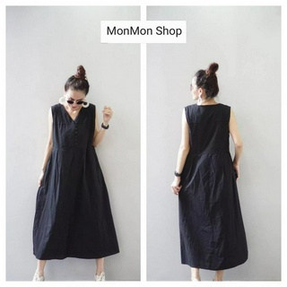 MONMONSHOP👗MON6665เดรสคอวีผ้าคอตตอนตีเกร็ดหน้ามีกระเป๋าจริงด้านข้างทรงเรียบๆใส่สบายเนื้อผ้าดี