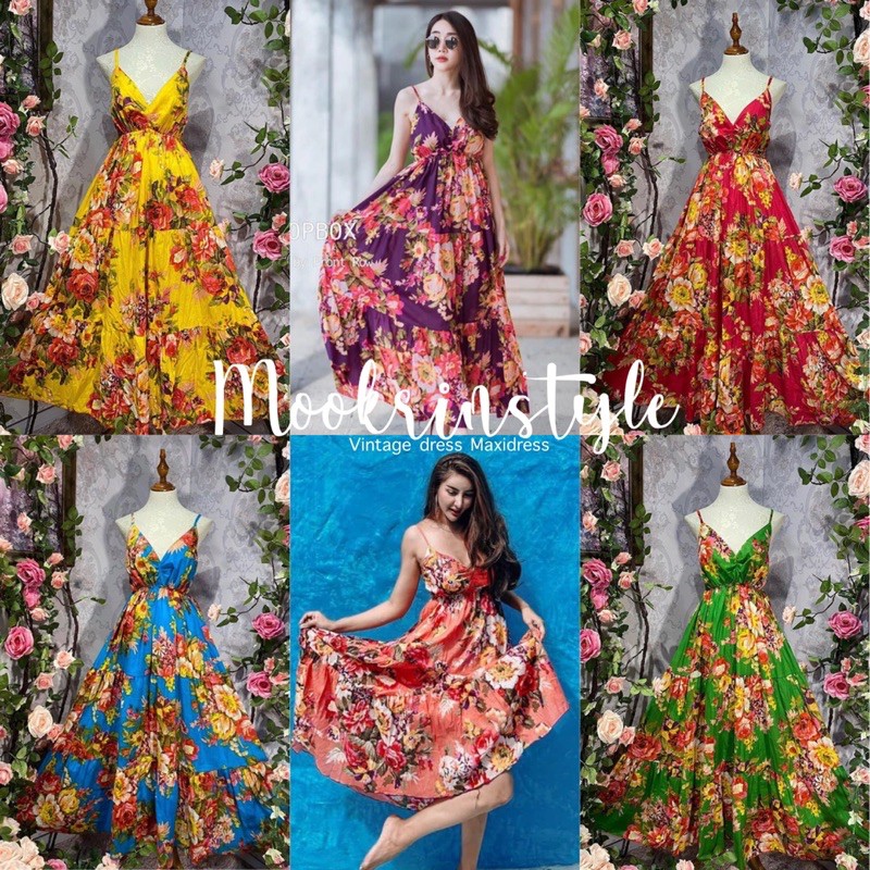 Mookrinstyle เดรวสายเดี่ยวลายดอกไม้ กระโปรงยาว ผ้าป่านอินเดีย ใส่ไปทะเล แนววินเทจ Pan dress