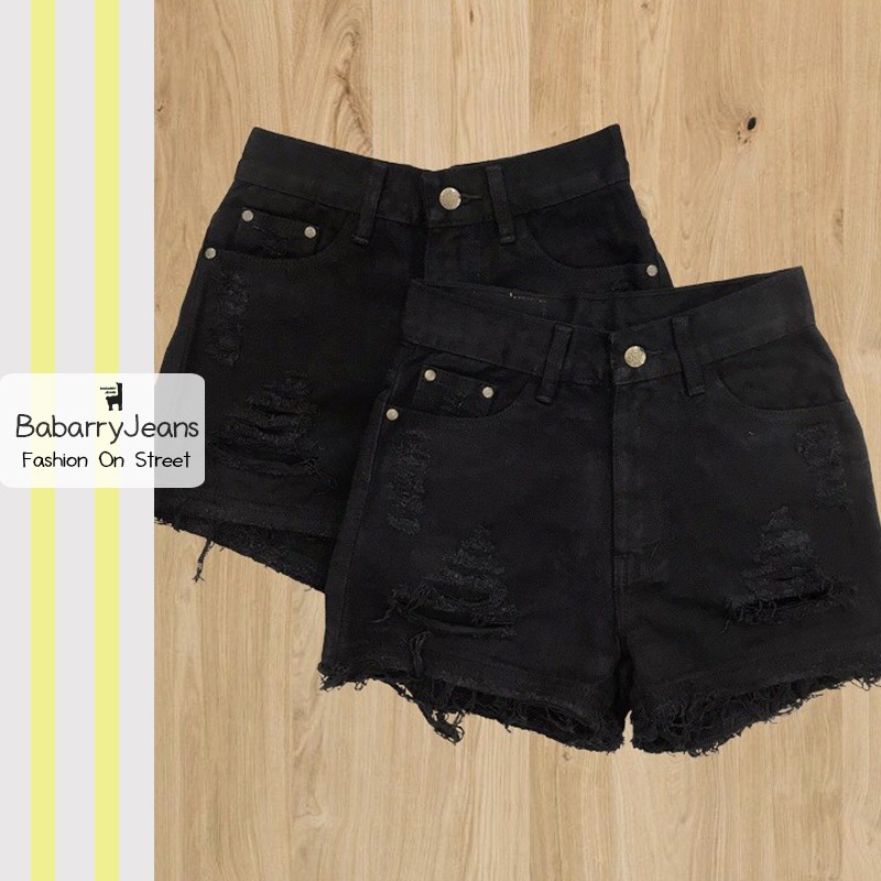 BabarryJeans ยีนส์ขาสั้น เอวสูง ยีนส์ขาด ผ้ายีนส์ไม่ยืด สีดำซุปเปอร์แบล็ค