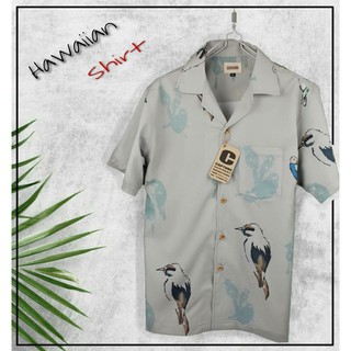 ⛱ Hawaii Shirt เสื้อฮาวาย แนว THE TOYS ลายนกกางเขน สีเทาเขียวเข้ม ⛱ มีถึง อก 48"