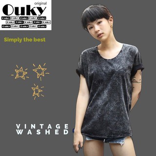 Ouky Vintage washed T-shirt รุ่น Acid Black เสื้อยืด เสื้อผ้าคอตตอน 100% ของแท้