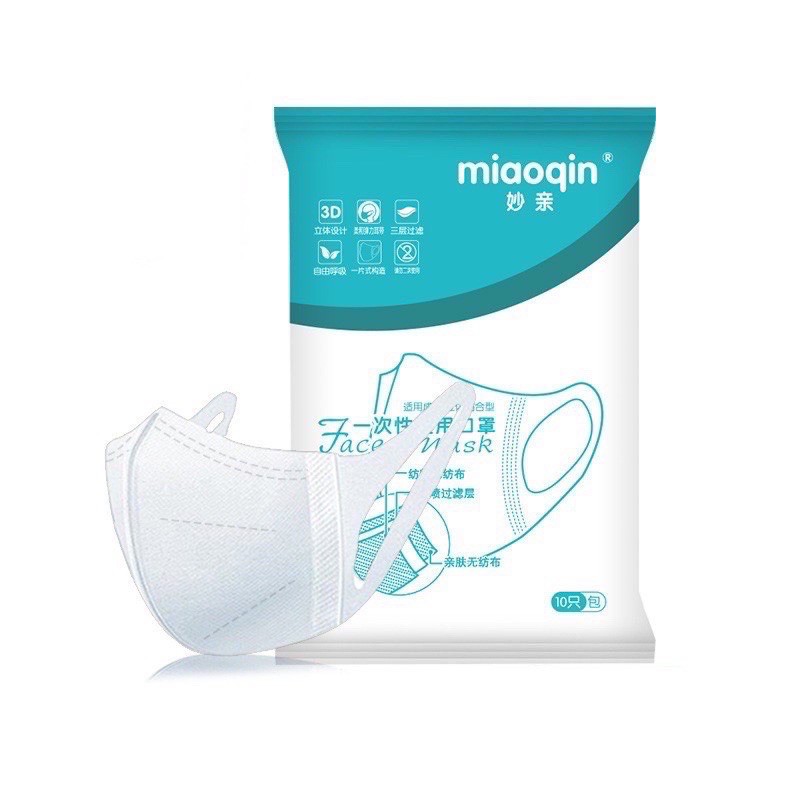 [แพ็ค10ชิ้น]Miaoqin 3D Mask หนา 3 ชั้น หน้ากากอนามัยสำหรับผู้ใหญ่ Size M