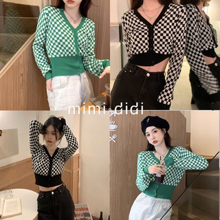 mimi&amp;didi เสื้อไหมพรมแขนยาว จั้มเอวลายลายสก๊อต กระตุมหน้าสไตล์เกาหลี 28043